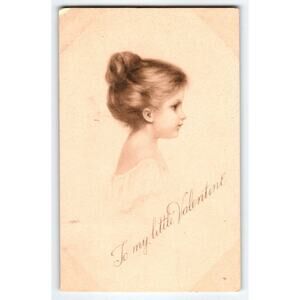 To My Little Valentine Postcard Profile Girl Vintage Gibson Sepia Antique